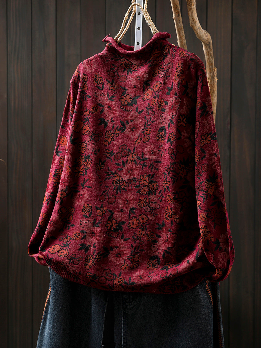 Women Vintage Autumn Flower Half-Turtleneck Sweater