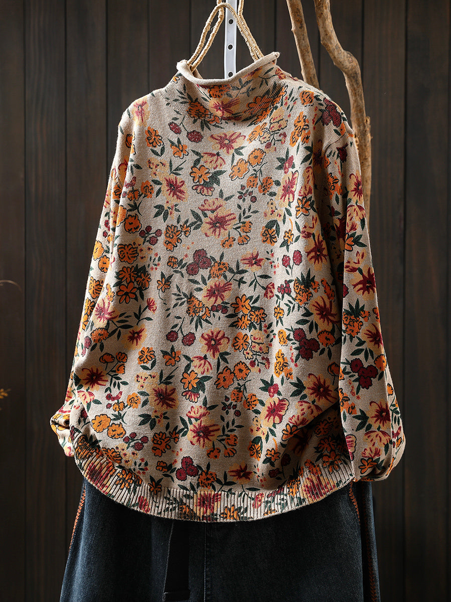 Women Vintage Autumn Flower Half-Turtleneck Sweater
