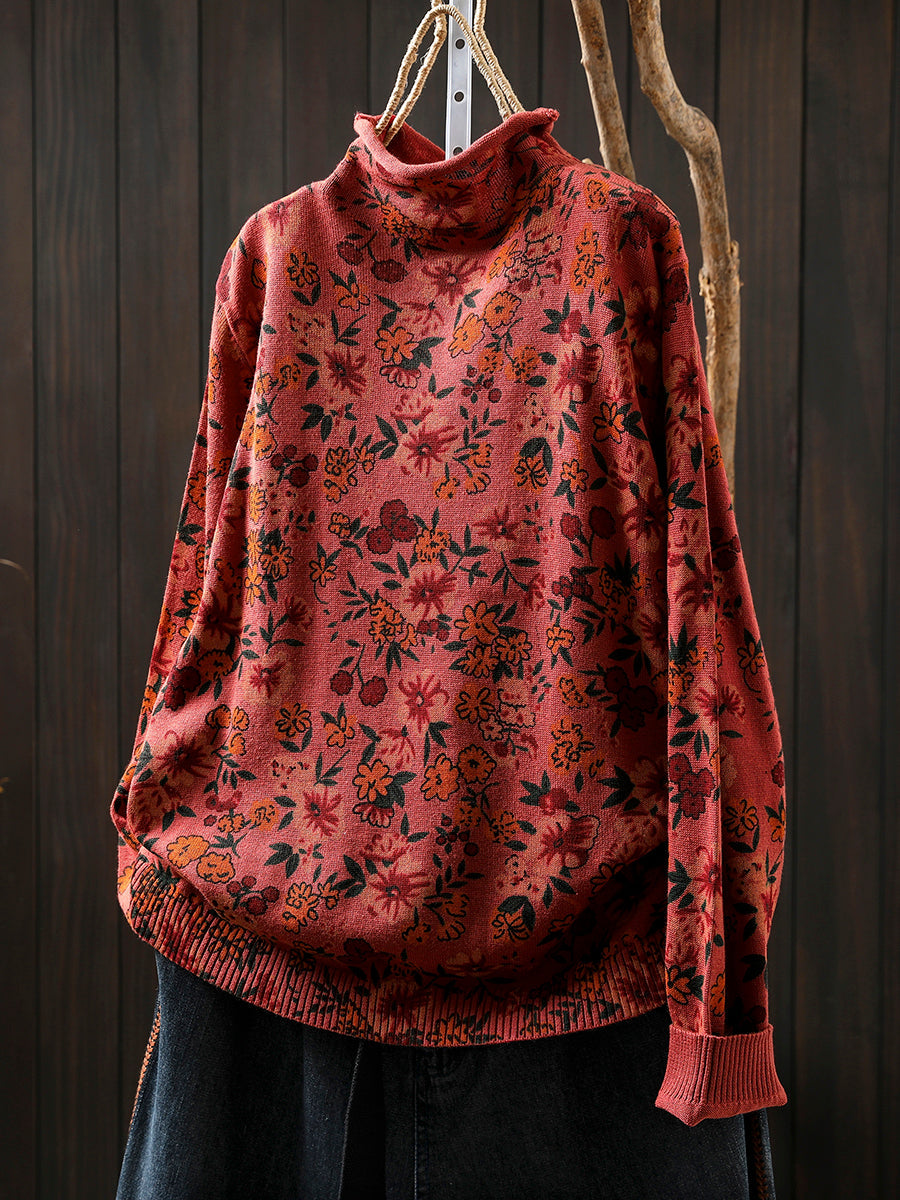 Women Vintage Autumn Flower Half-Turtleneck Sweater