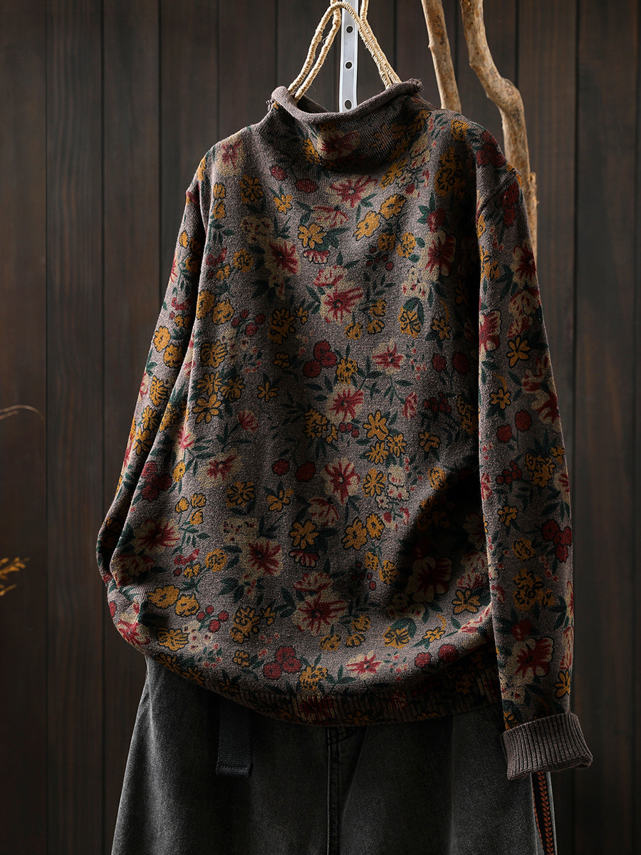 Women Vintage Autumn Flower Half-Turtleneck Sweater