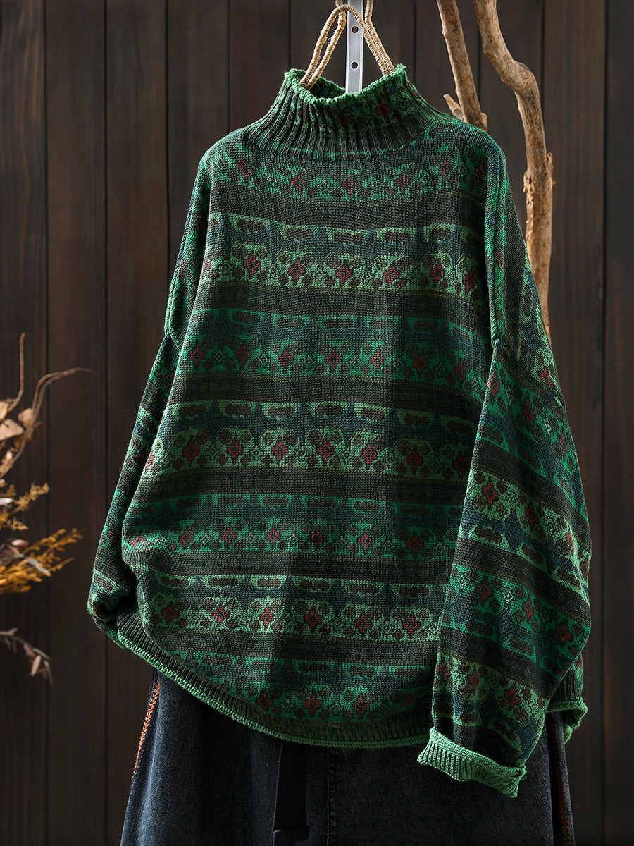 Women Vintage Autumn Stripe Cotton Half-Turtleneck Sweater