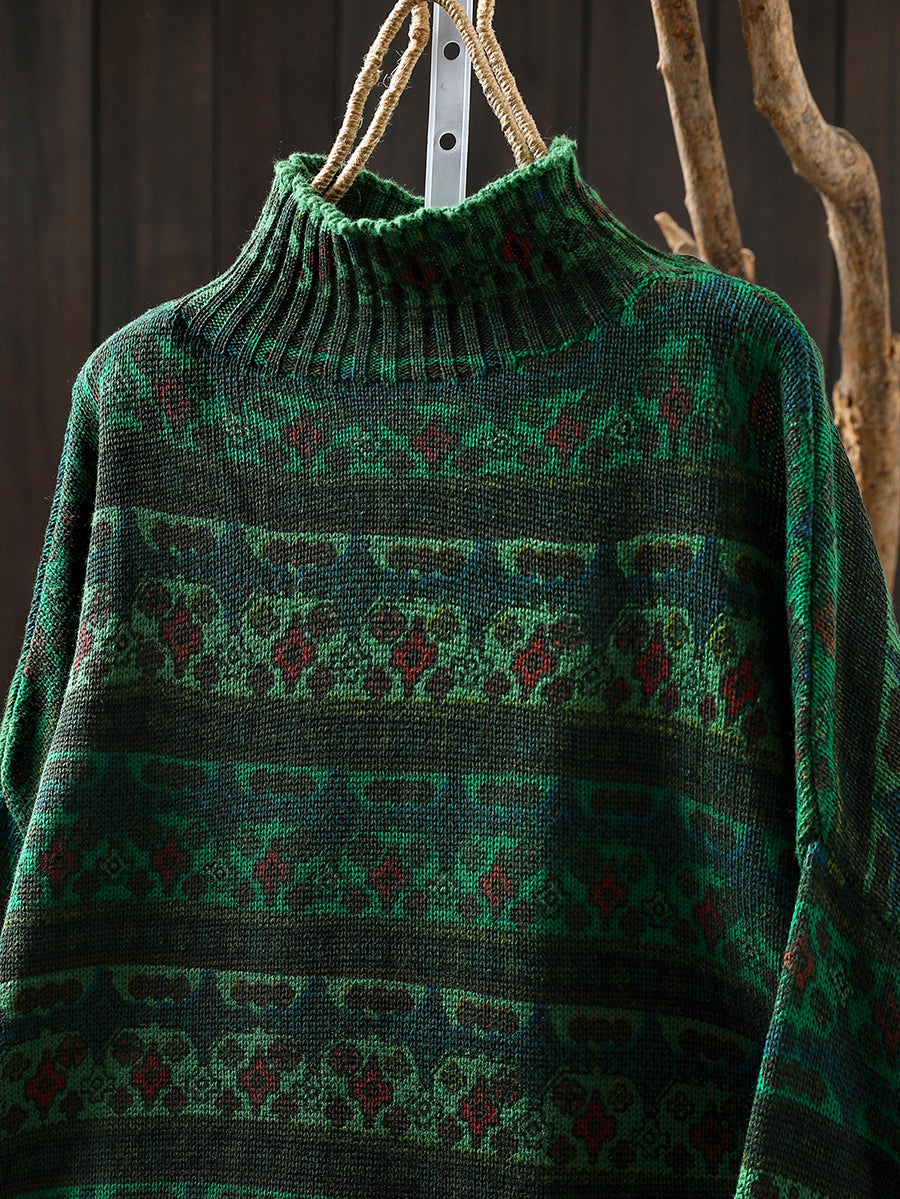 Women Vintage Autumn Stripe Cotton Half-Turtleneck Sweater