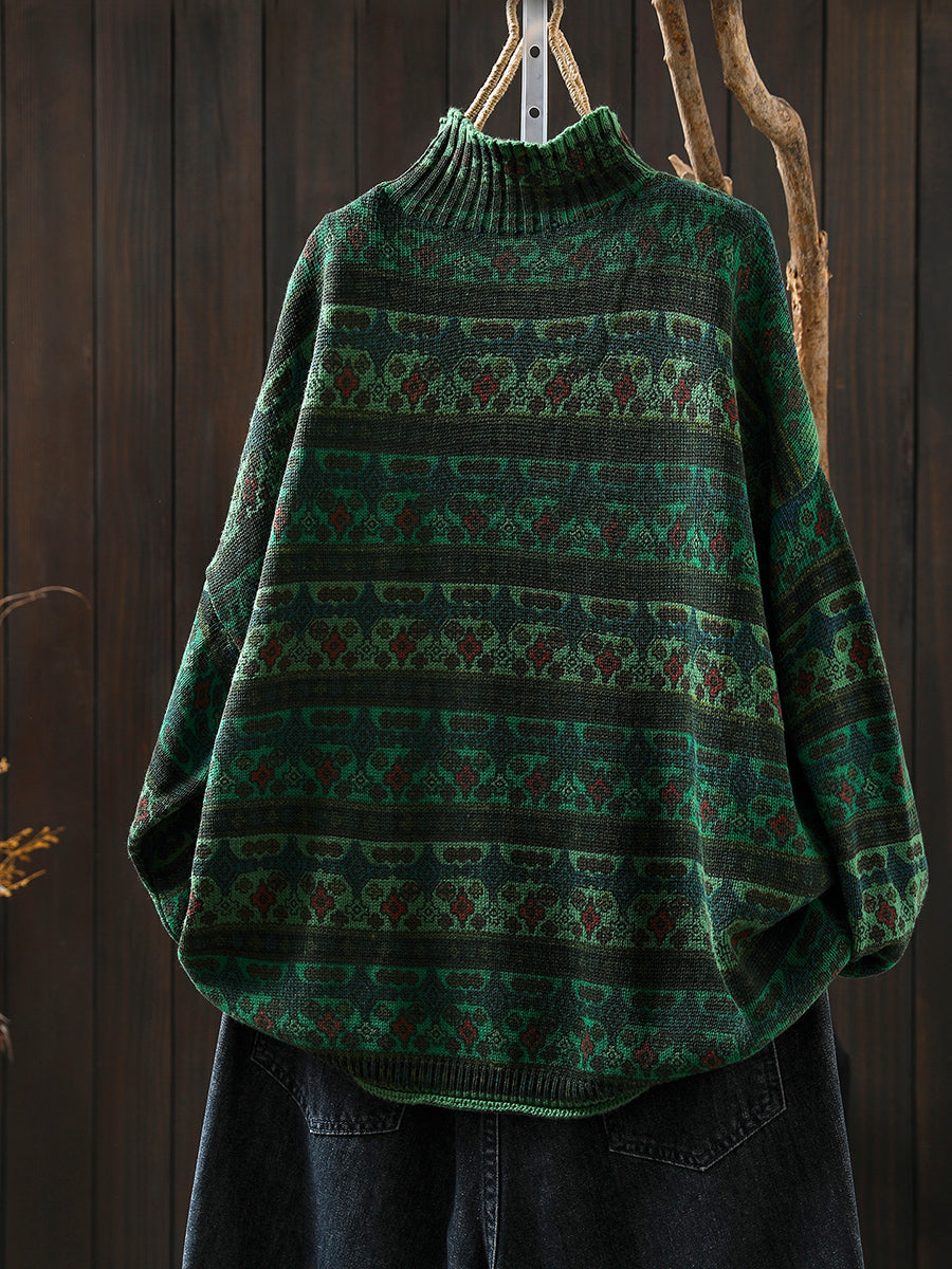 Women Vintage Autumn Stripe Cotton Half-Turtleneck Sweater