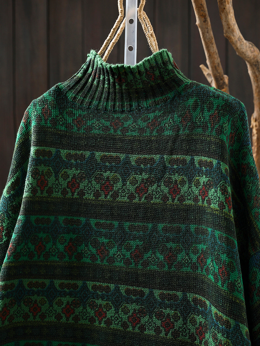 Women Vintage Autumn Stripe Cotton Half-Turtleneck Sweater