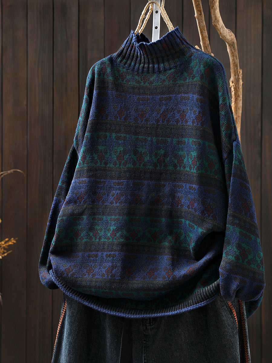 Women Vintage Autumn Stripe Cotton Half-Turtleneck Sweater