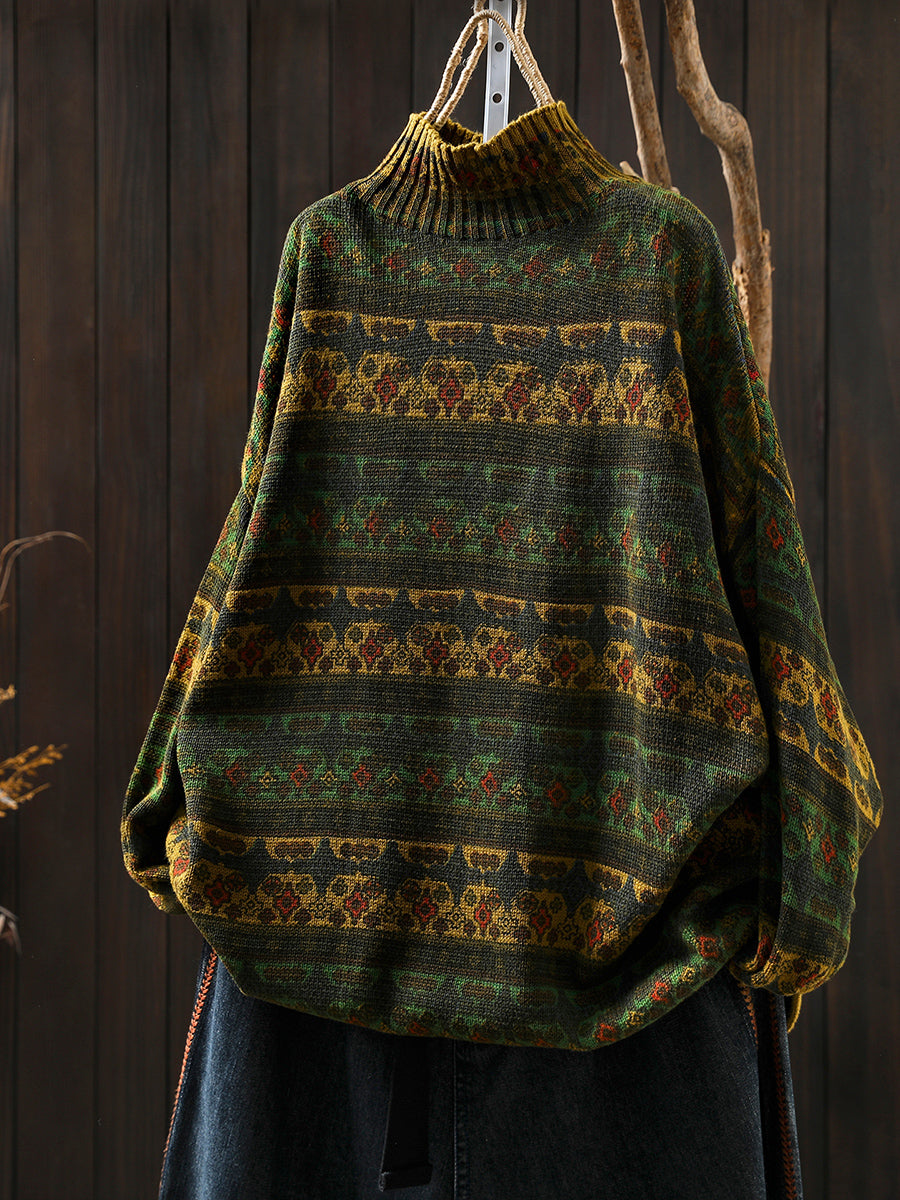 Women Vintage Autumn Stripe Cotton Half-Turtleneck Sweater