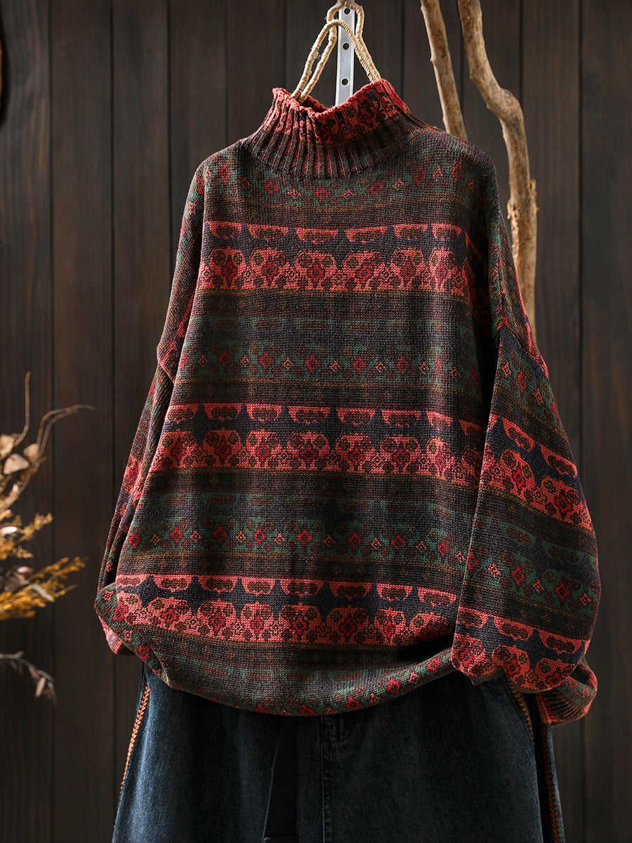 Women Vintage Autumn Stripe Cotton Half-Turtleneck Sweater