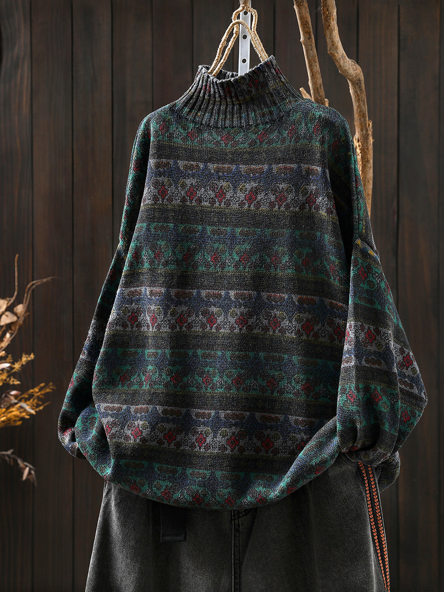 Women Vintage Autumn Stripe Cotton Half-Turtleneck Sweater