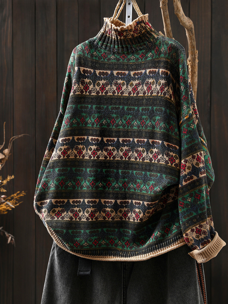 Women Vintage Autumn Stripe Cotton Half-Turtleneck Sweater