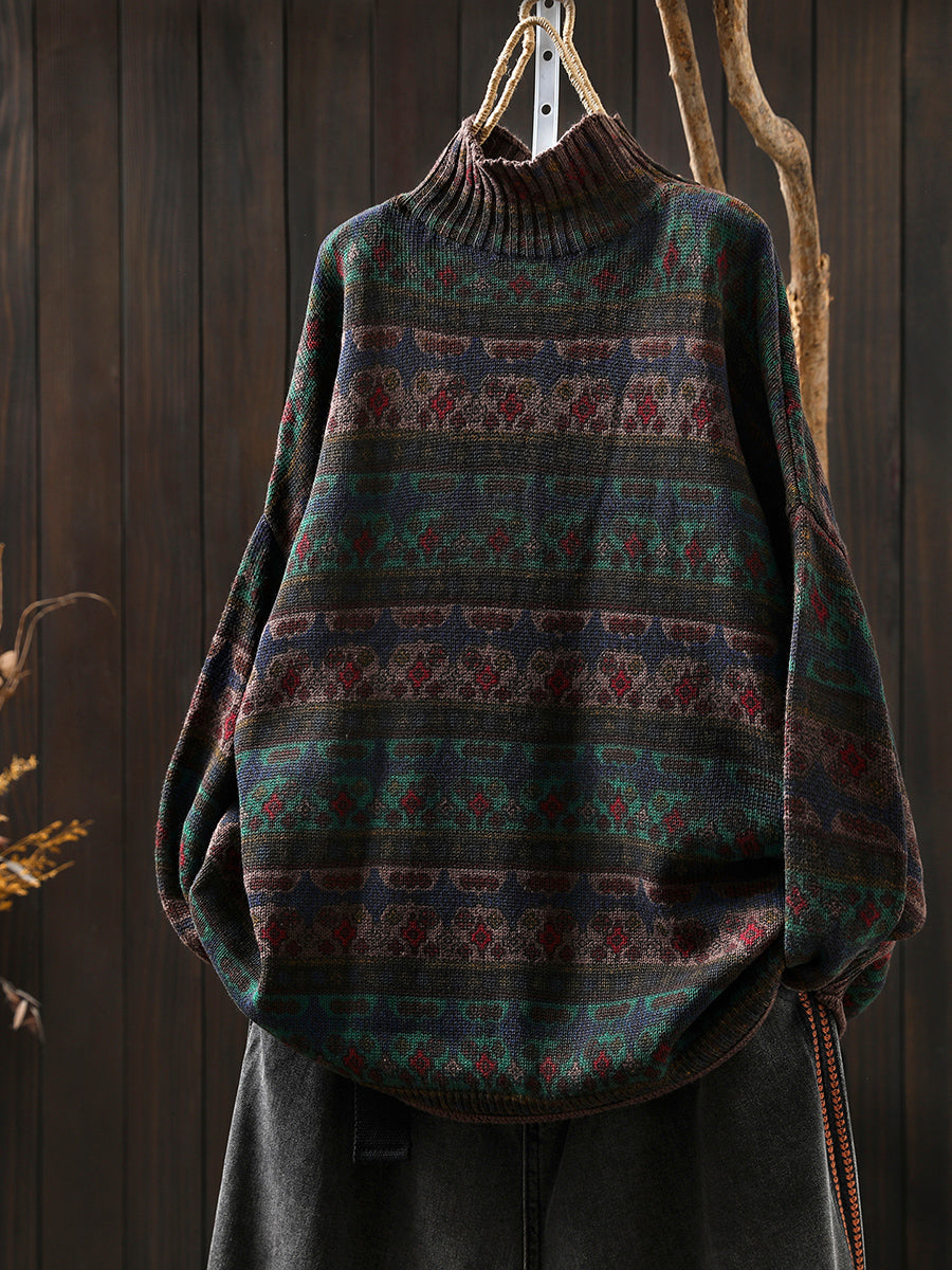 Women Vintage Autumn Stripe Cotton Half-Turtleneck Sweater