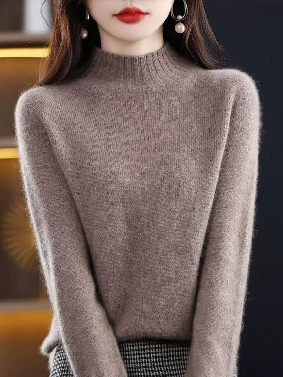 Women Vintage Autumn Pure Color Half-Turtleneck Wool Sweater