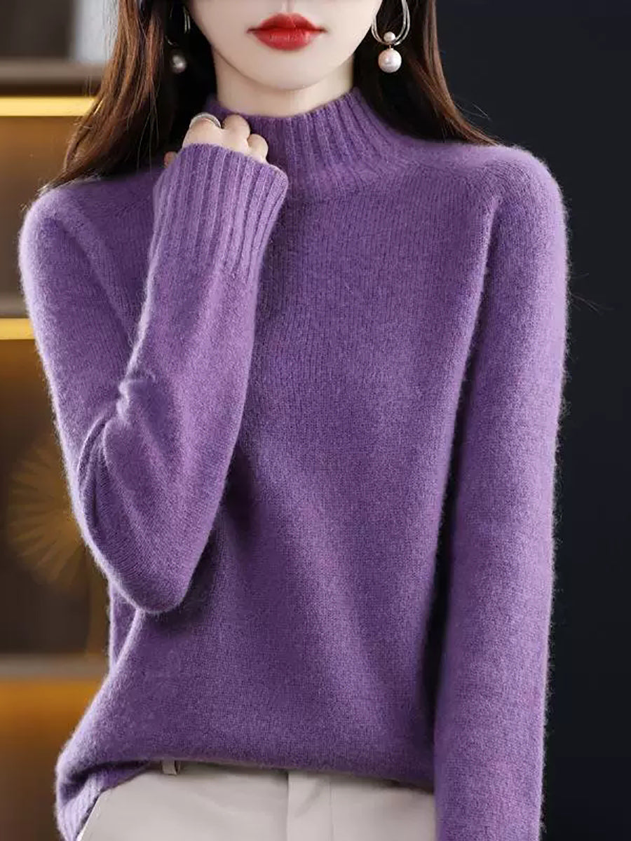 Women Vintage Autumn Pure Color Half-Turtleneck Wool Sweater