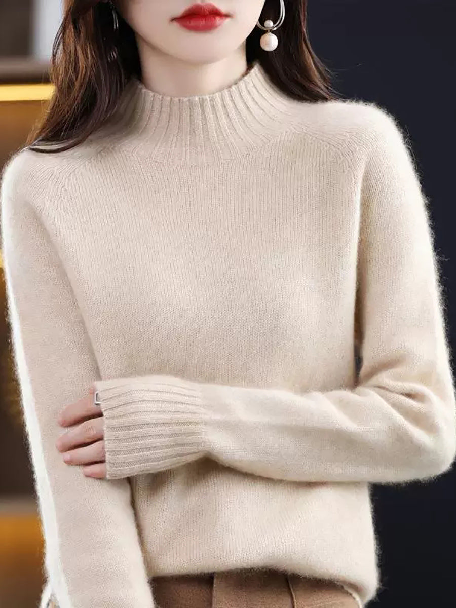 Women Vintage Autumn Pure Color Half-Turtleneck Wool Sweater