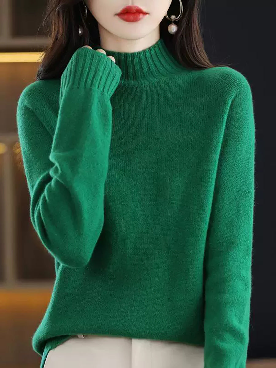Women Vintage Autumn Pure Color Half-Turtleneck Wool Sweater