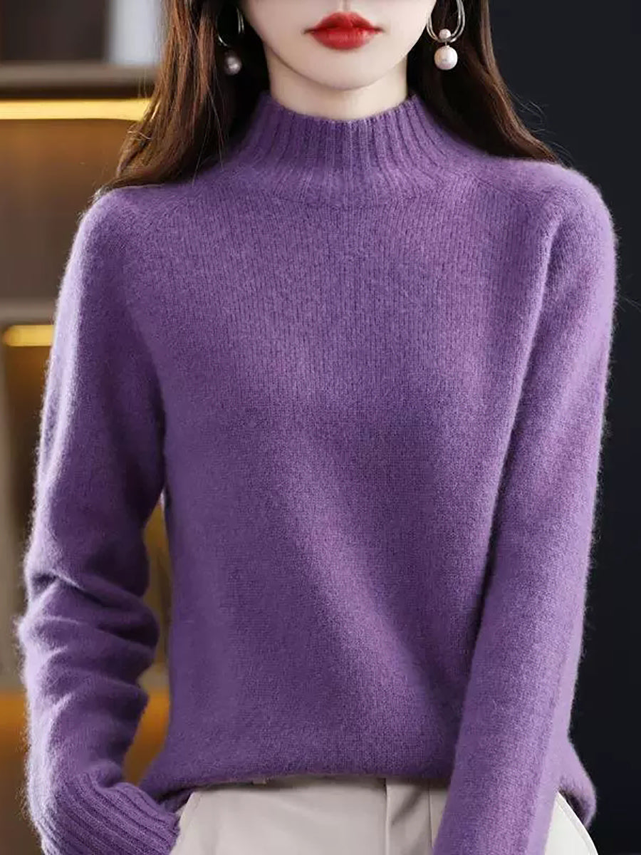 Women Vintage Autumn Pure Color Half-Turtleneck Wool Sweater