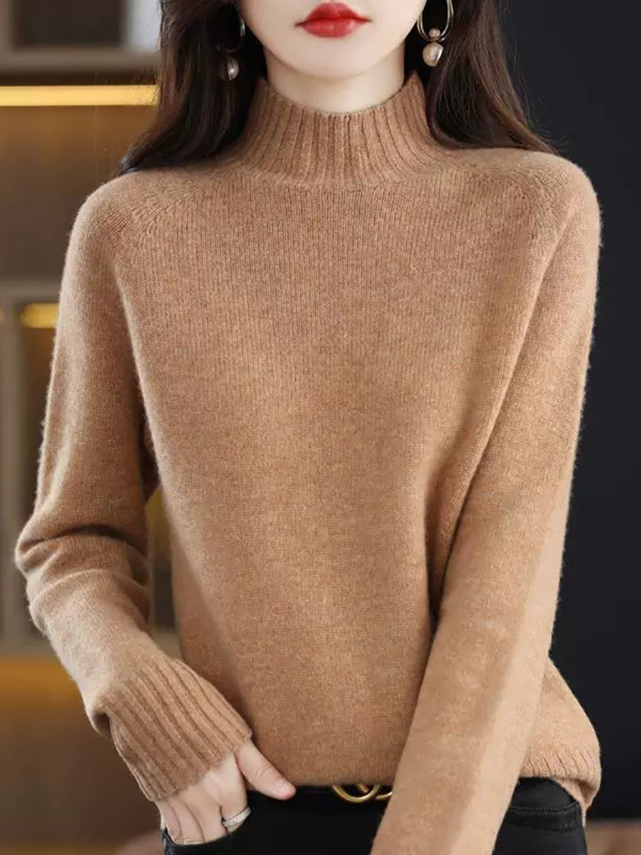 Women Vintage Autumn Pure Color Half-Turtleneck Wool Sweater