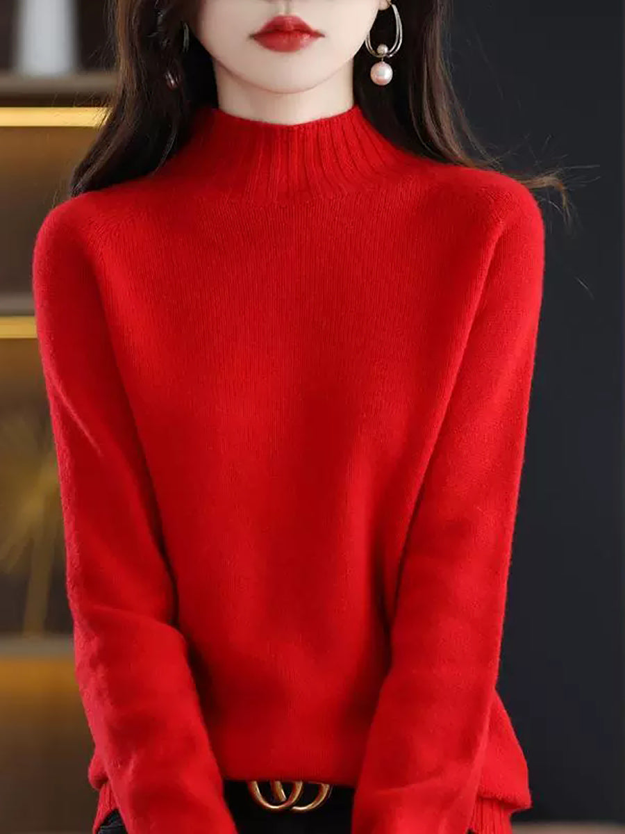 Women Vintage Autumn Pure Color Half-Turtleneck Wool Sweater