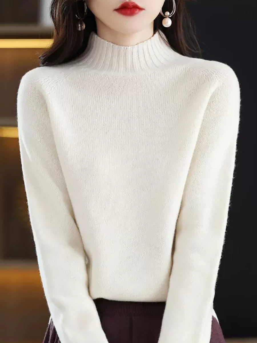 Women Vintage Autumn Pure Color Half-Turtleneck Wool Sweater