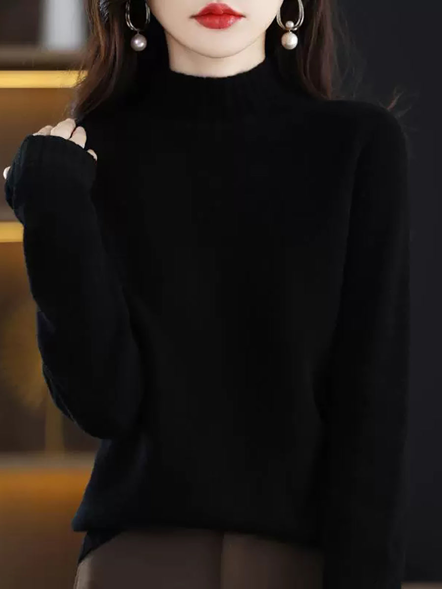 Women Vintage Autumn Pure Color Half-Turtleneck Wool Sweater