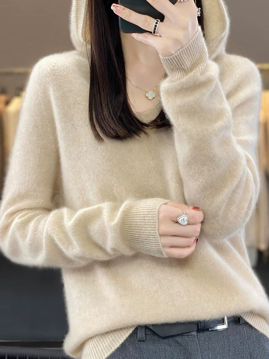 Women Vintage Autumn Pure Color Hooded Wool Sweater