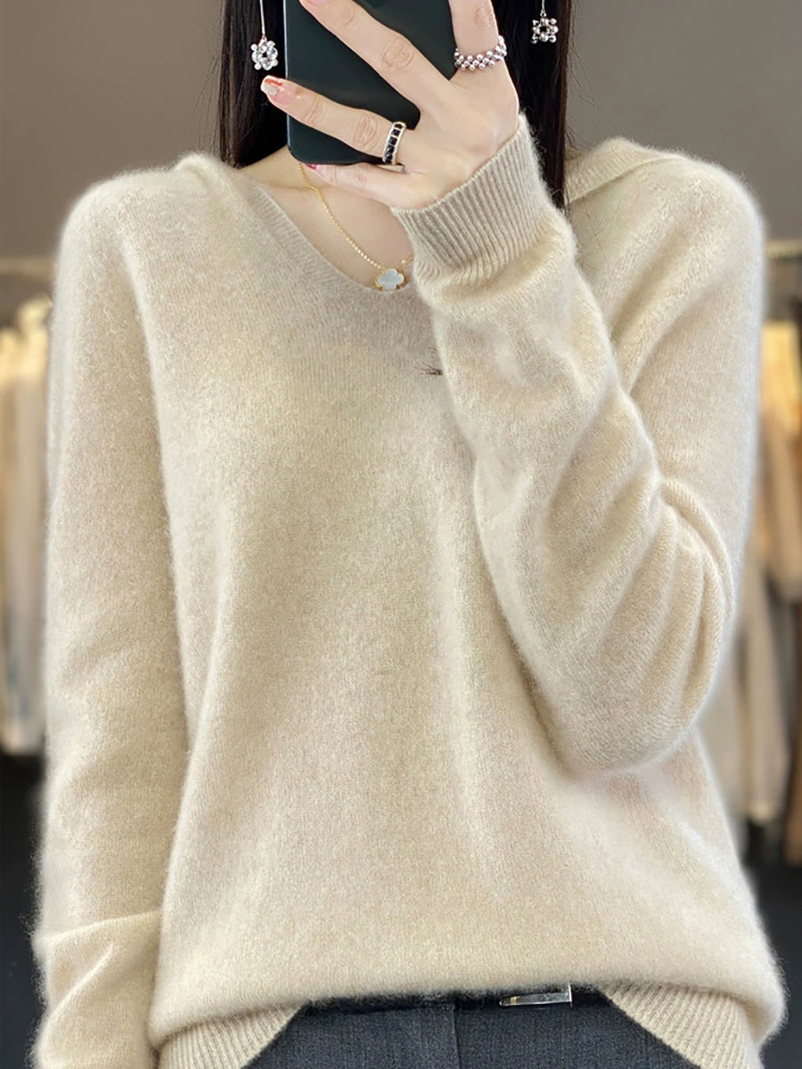 Women Vintage Autumn Pure Color Hooded Wool Sweater