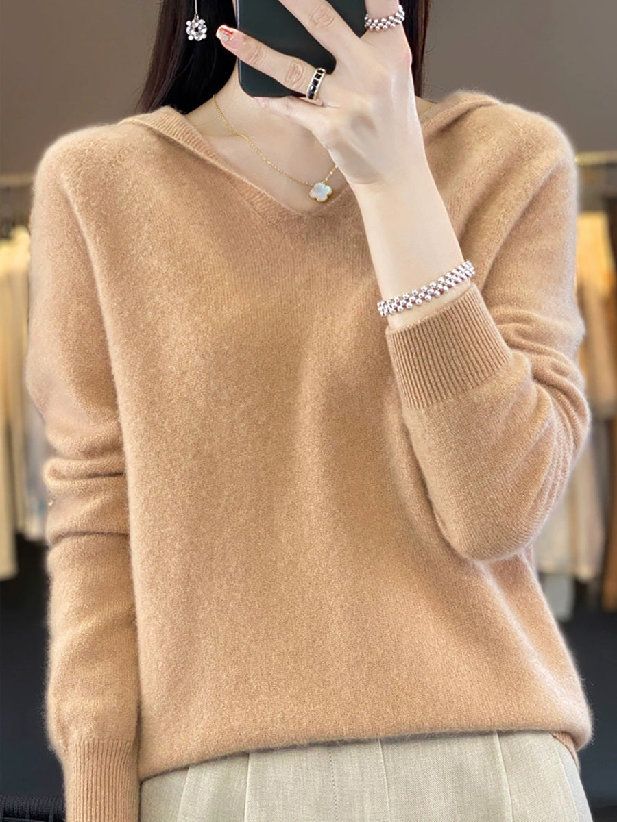 Women Vintage Autumn Pure Color Hooded Wool Sweater