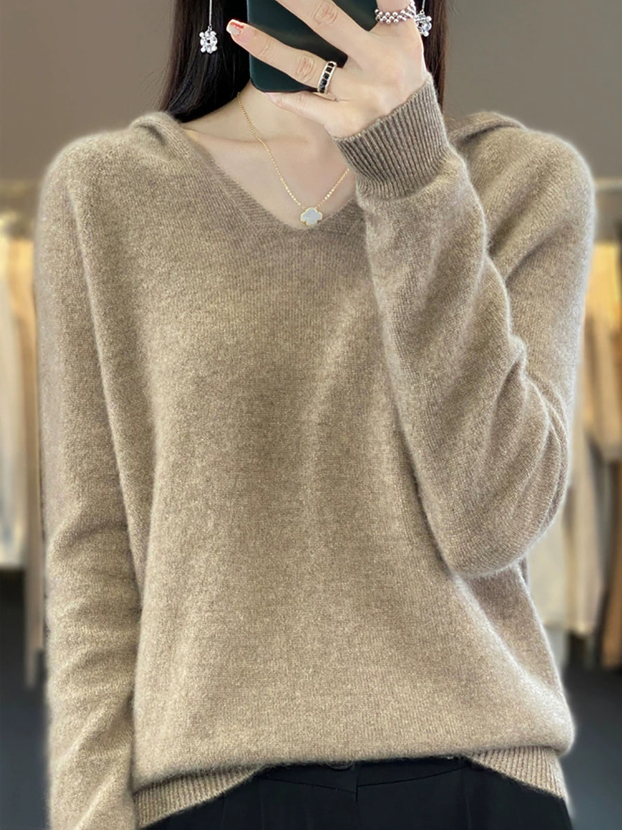 Women Vintage Autumn Pure Color Hooded Wool Sweater
