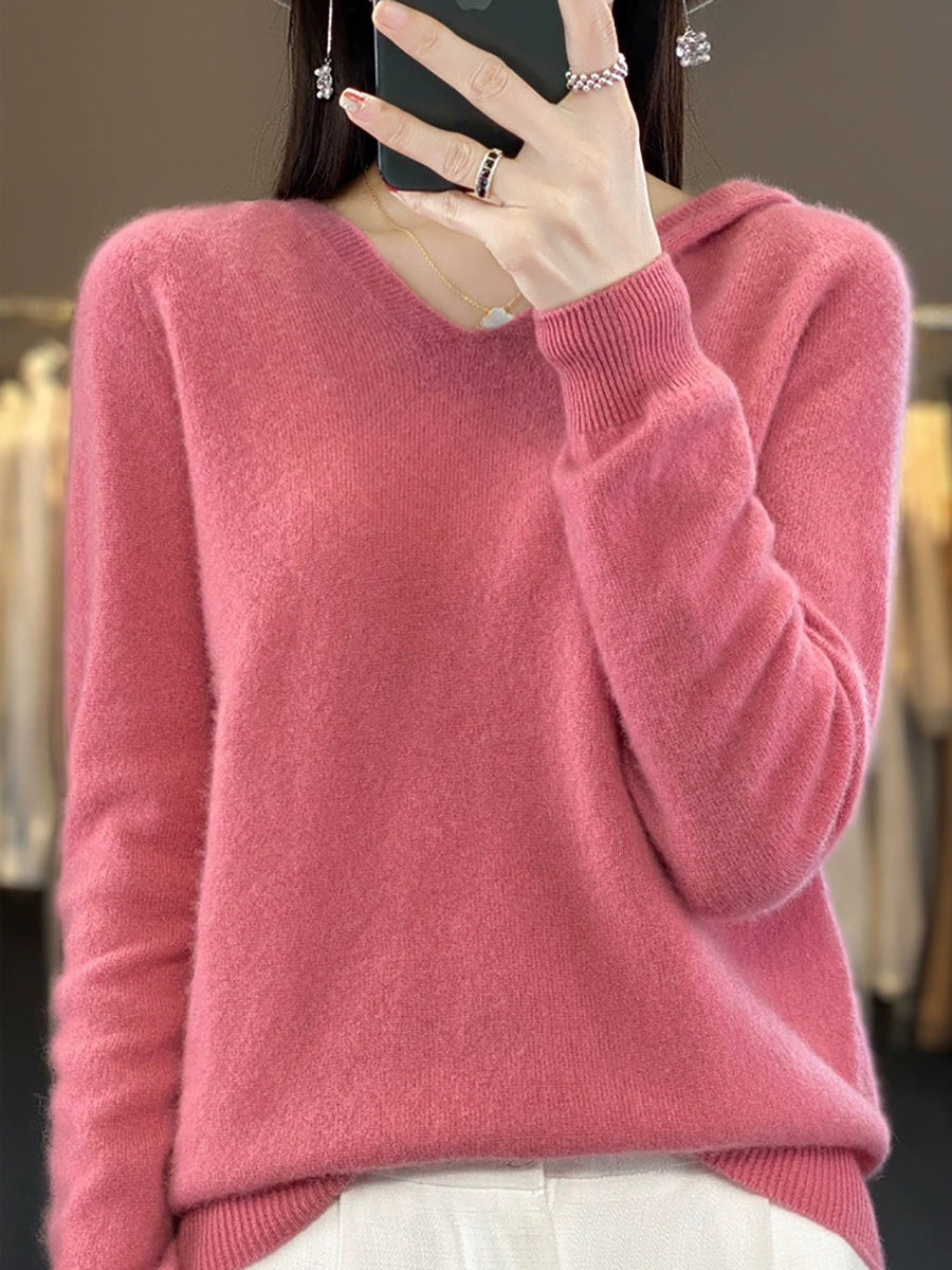 Women Vintage Autumn Pure Color Hooded Wool Sweater