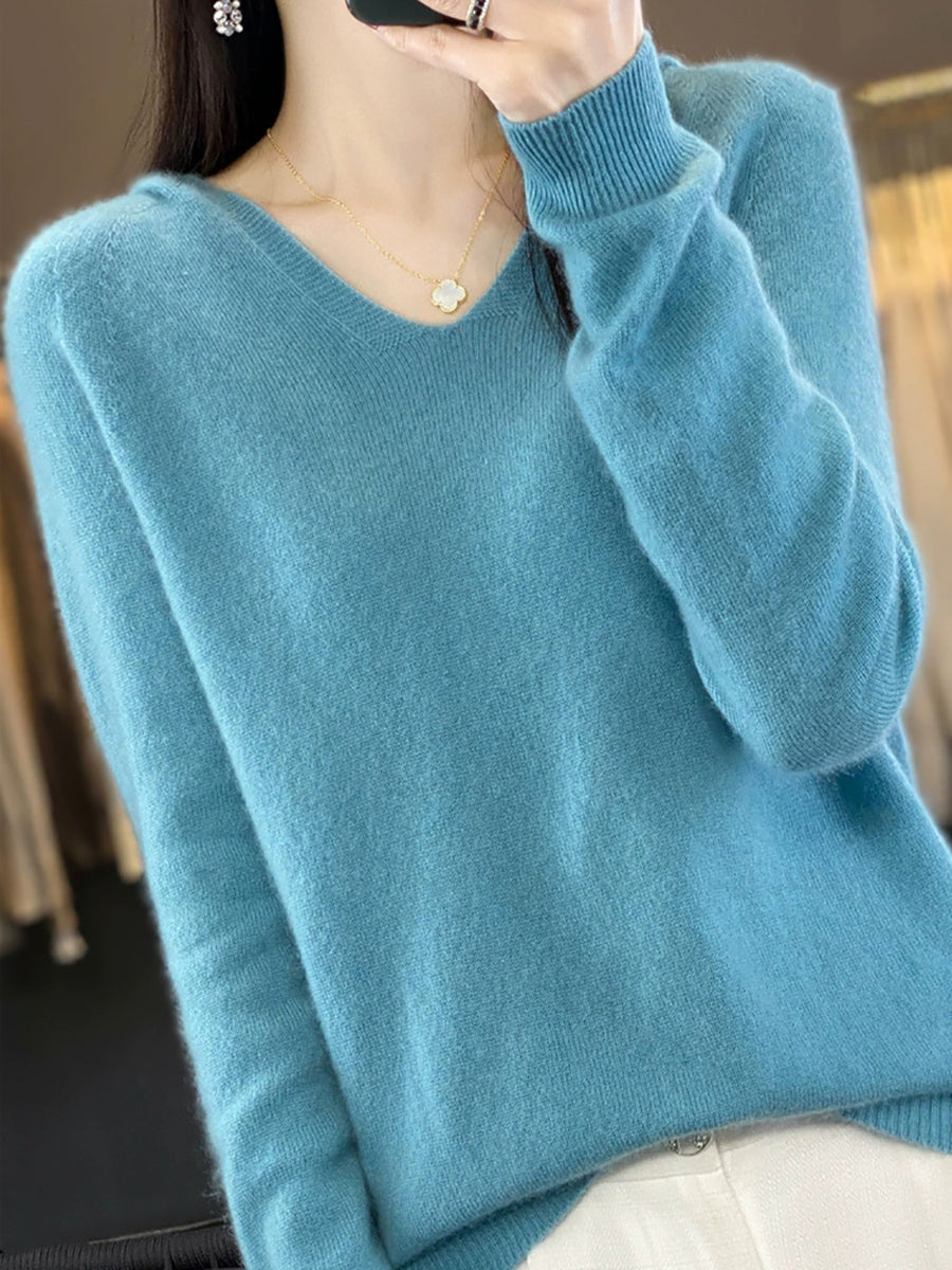 Women Vintage Autumn Pure Color Hooded Wool Sweater