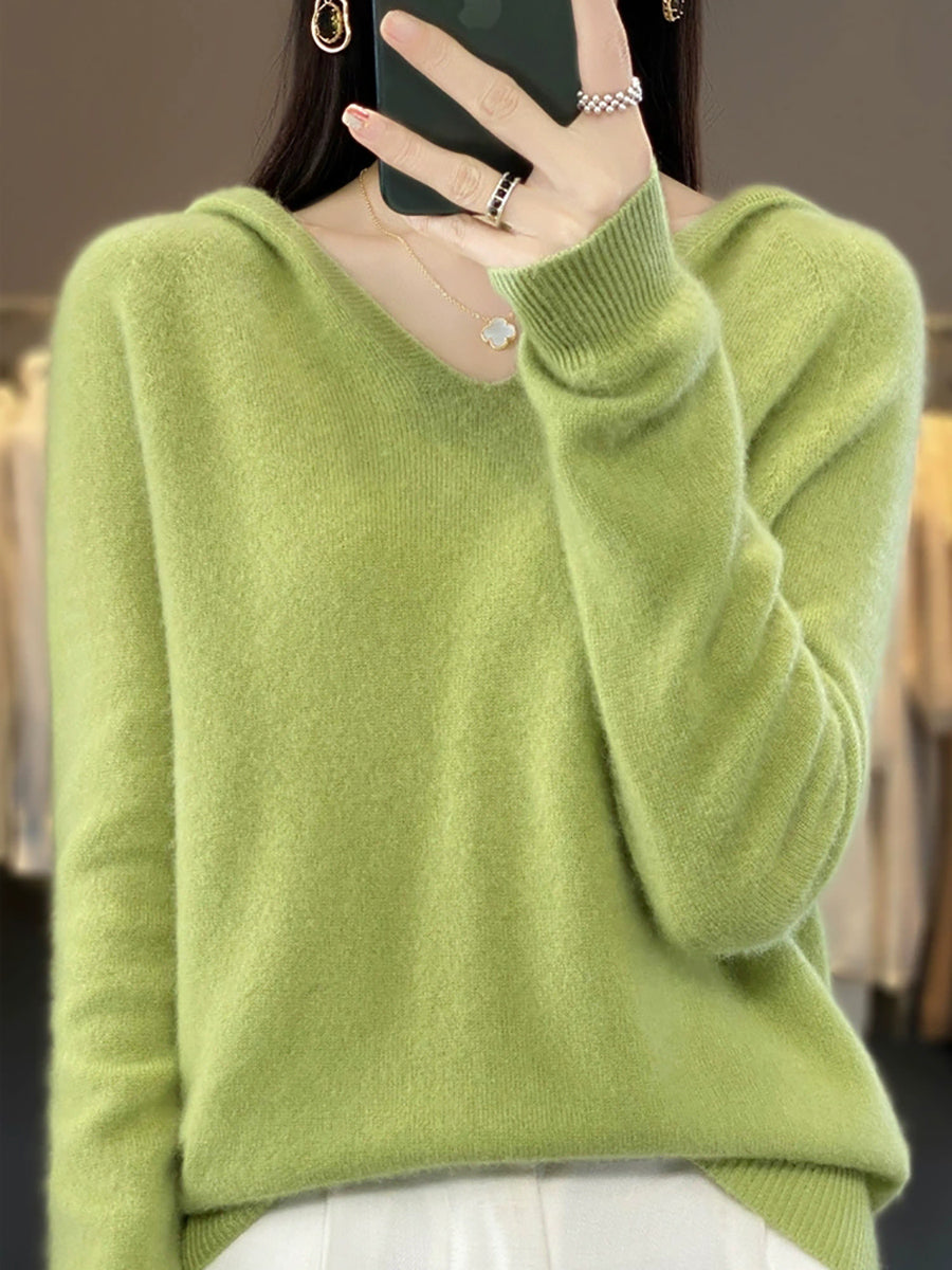Women Vintage Autumn Pure Color Hooded Wool Sweater