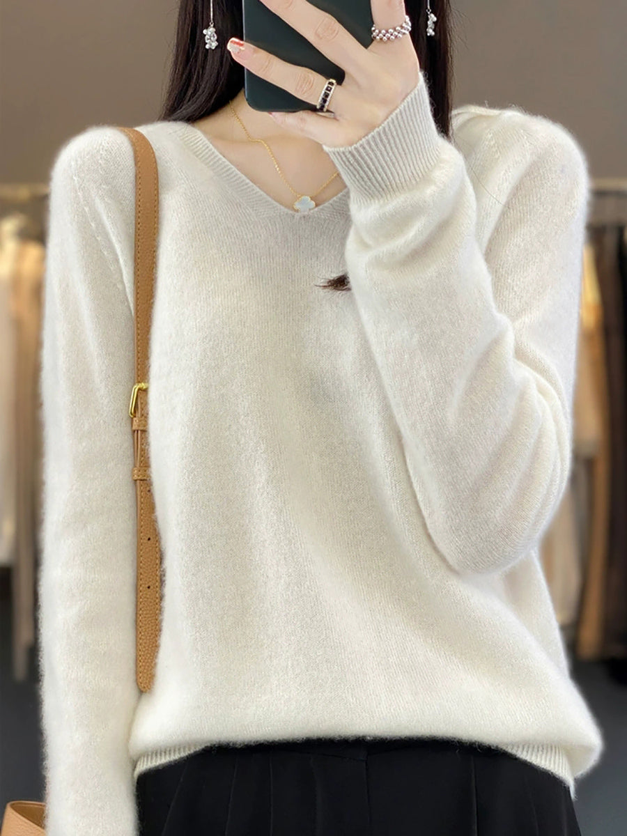 Women Vintage Autumn Pure Color Hooded Wool Sweater