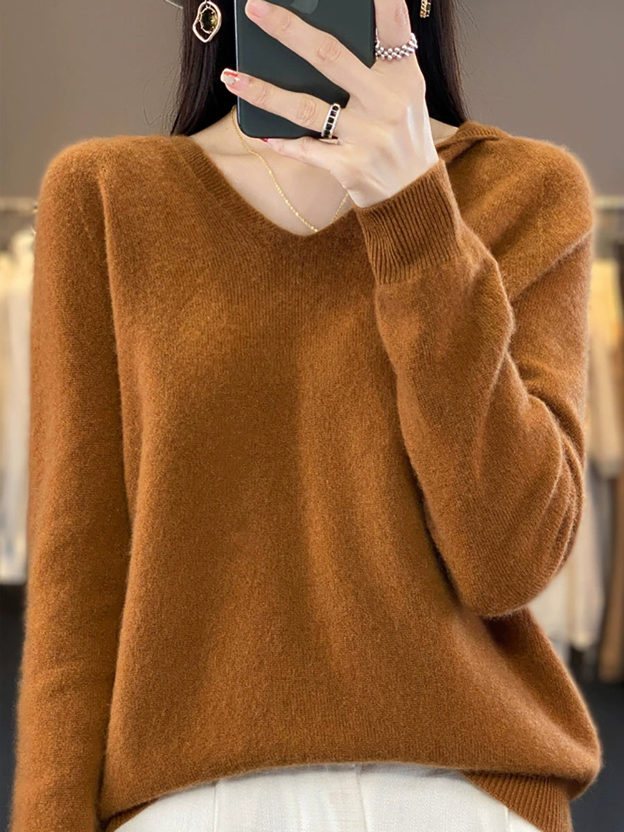 Women Vintage Autumn Pure Color Hooded Wool Sweater