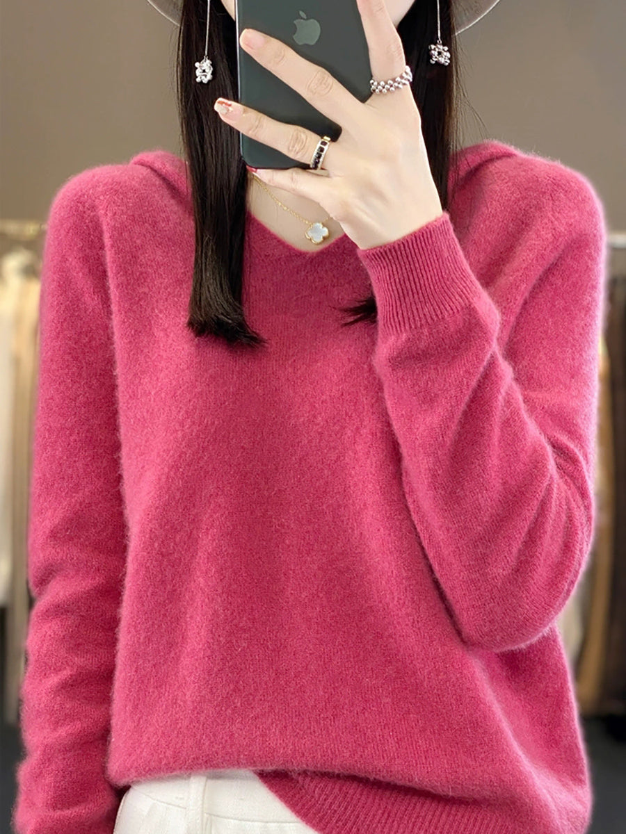 Women Vintage Autumn Pure Color Hooded Wool Sweater