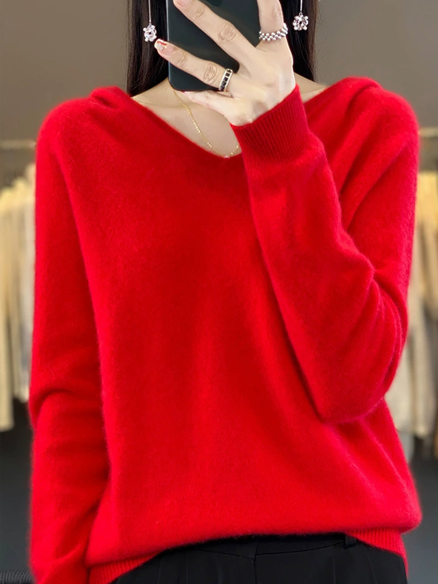 Women Vintage Autumn Pure Color Hooded Wool Sweater