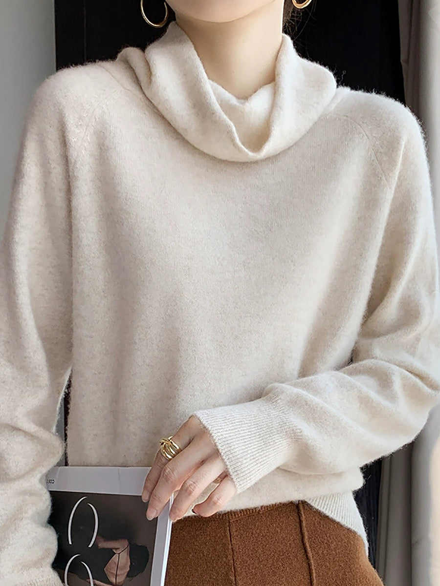 Women Autumn Casual Pure Color Knitted Turtleneck Sweater