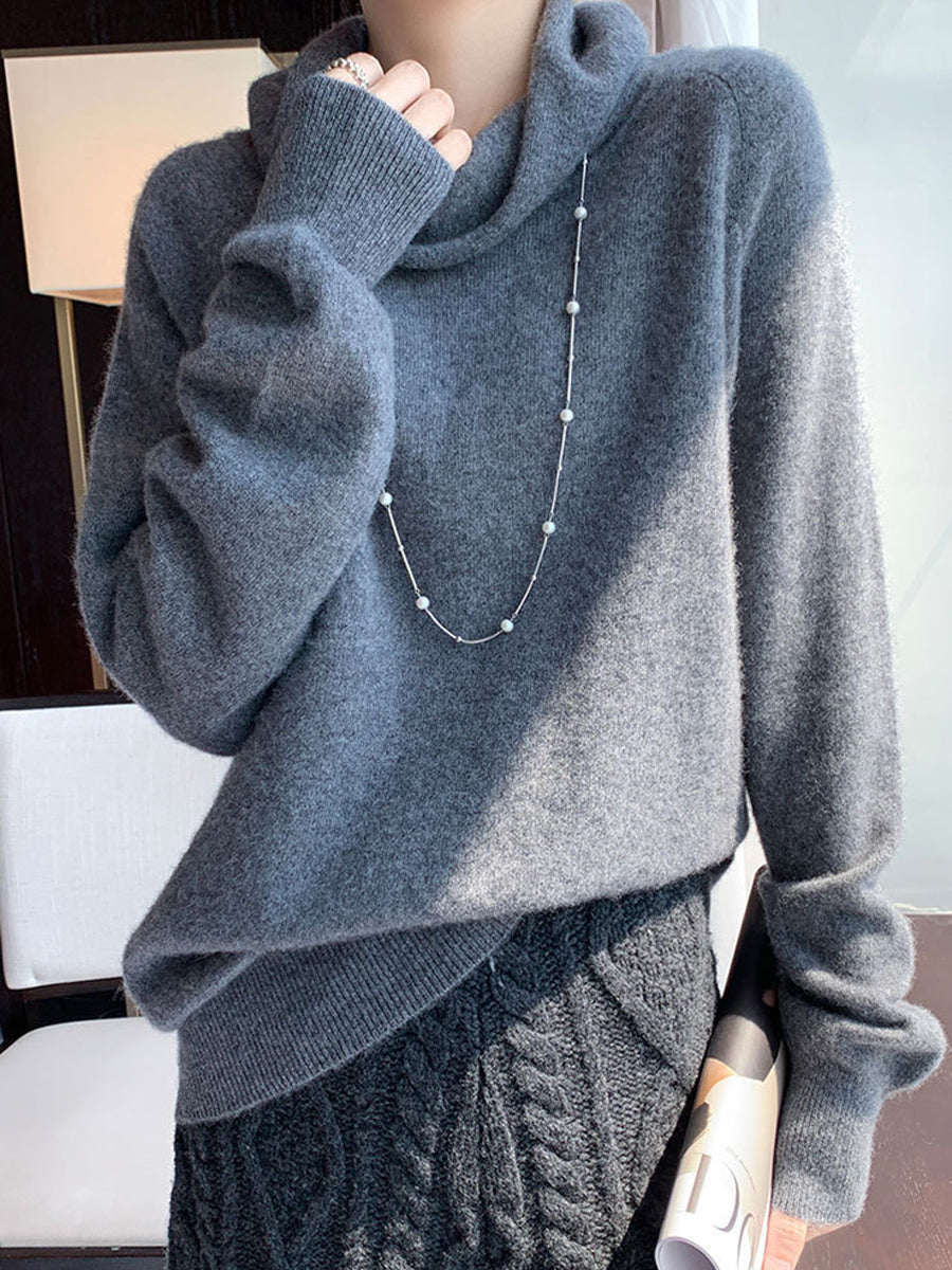 Women Autumn Casual Pure Color Knitted Turtleneck Sweater