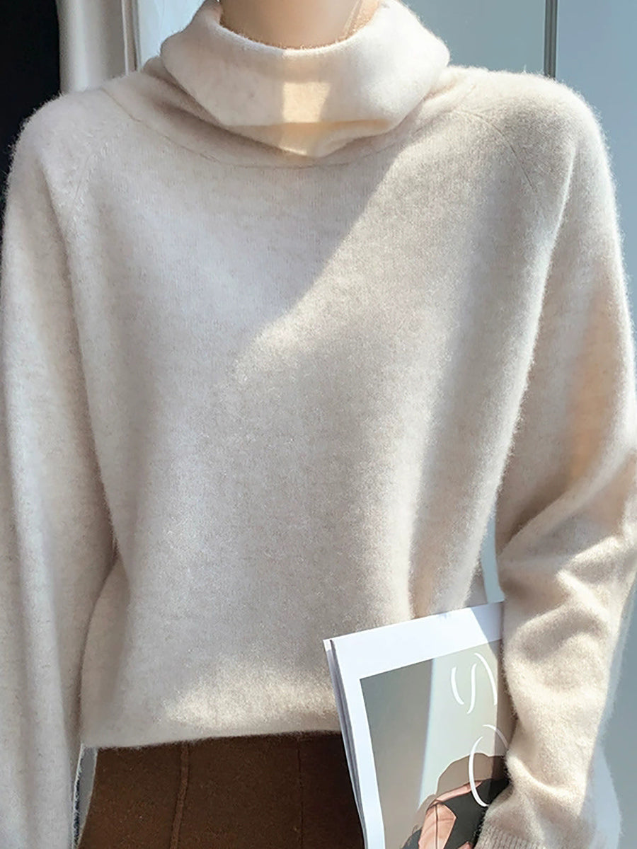Women Autumn Casual Pure Color Knitted Turtleneck Sweater