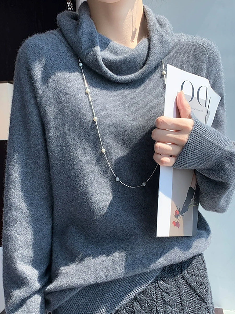 Women Autumn Casual Pure Color Knitted Turtleneck Sweater