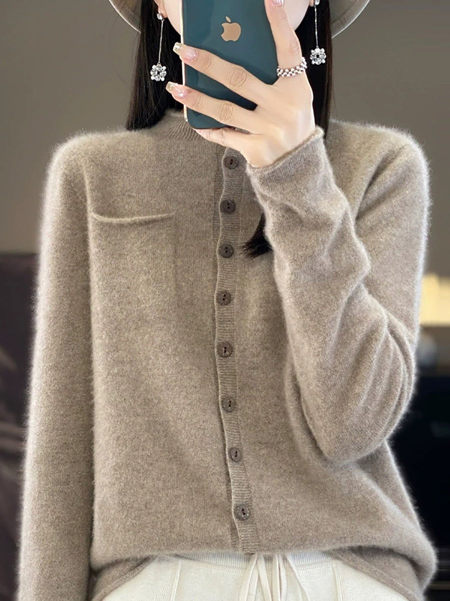 Women Casual Autumn Pure Color Stand Collar Knitted Sweater