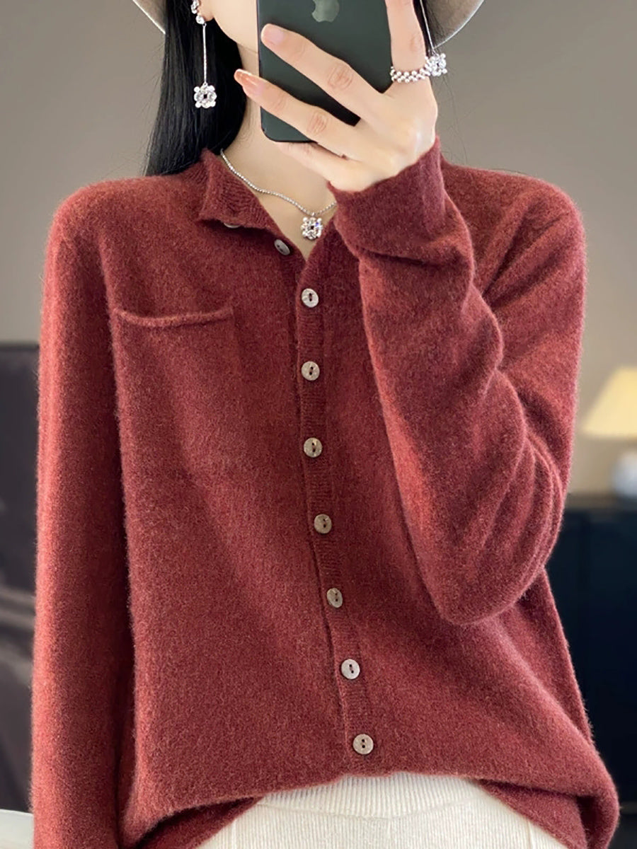 Women Casual Autumn Pure Color Stand Collar Knitted Sweater