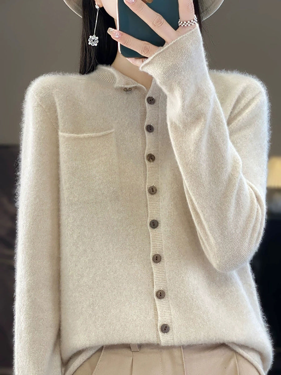 Women Casual Autumn Pure Color Stand Collar Knitted Sweater