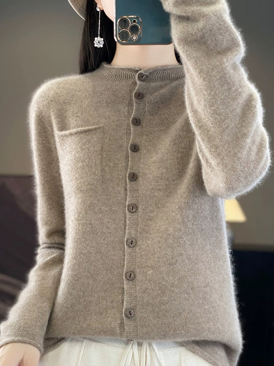 Women Casual Autumn Pure Color Stand Collar Knitted Sweater