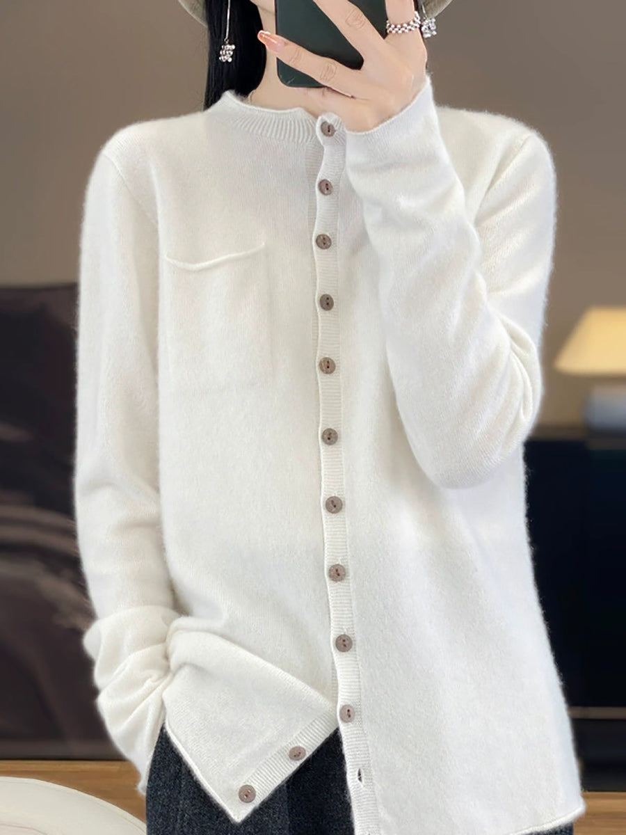 Women Casual Autumn Pure Color Stand Collar Knitted Sweater