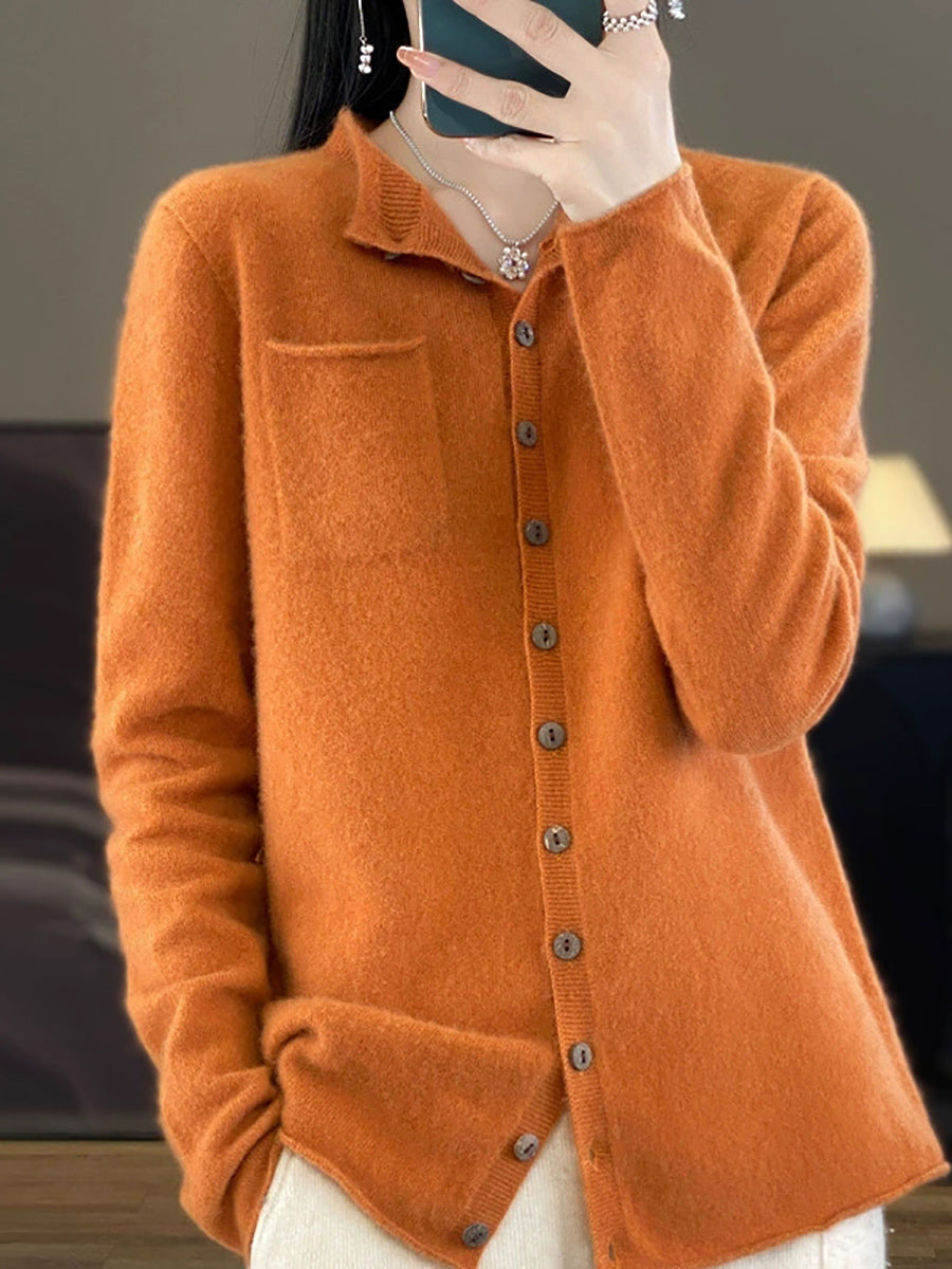 Women Casual Autumn Pure Color Stand Collar Knitted Sweater
