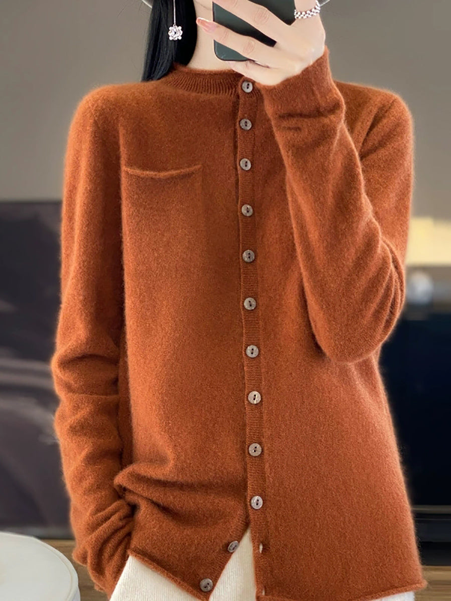Women Casual Autumn Pure Color Stand Collar Knitted Sweater
