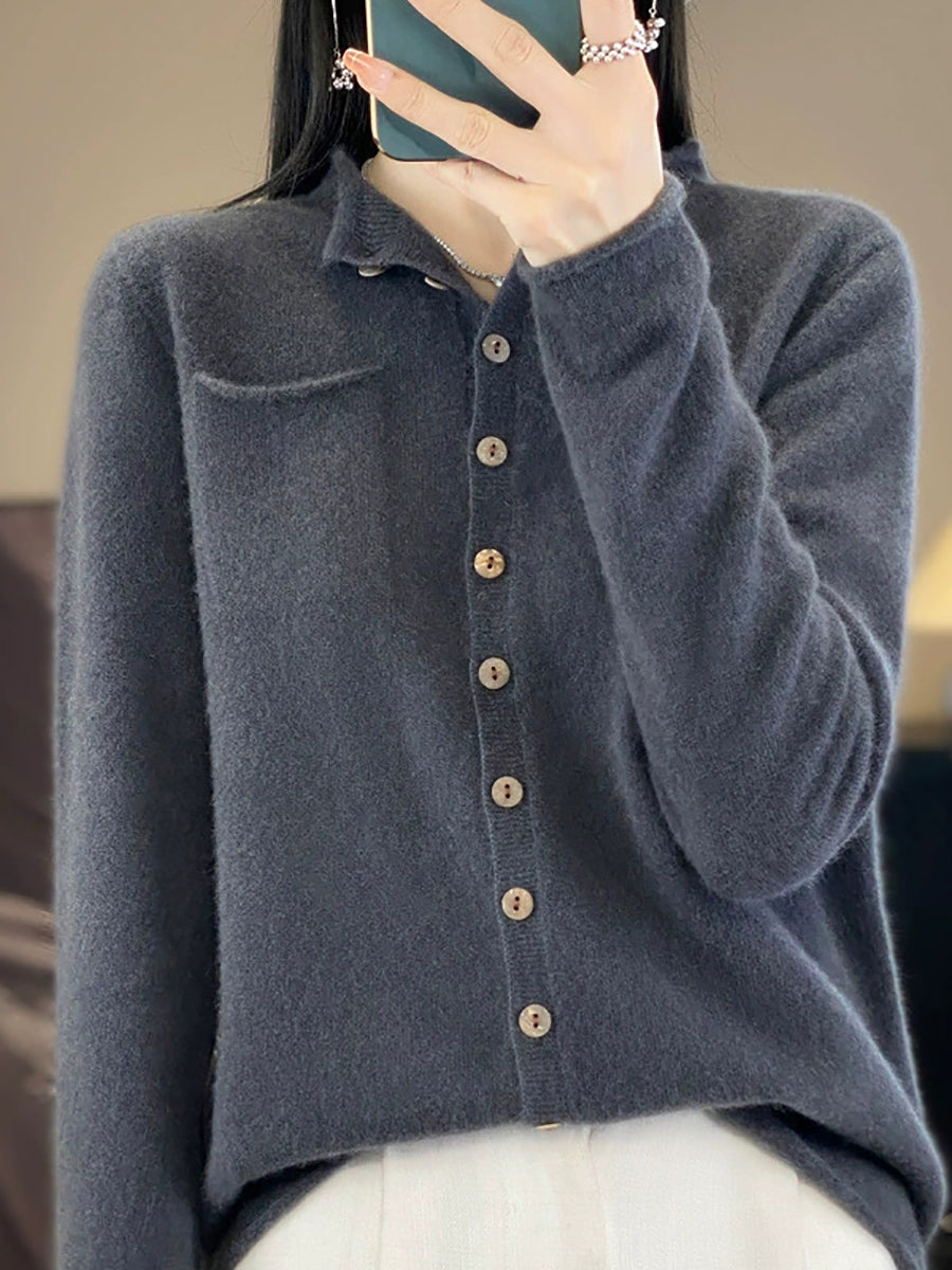 Women Casual Autumn Pure Color Stand Collar Knitted Sweater