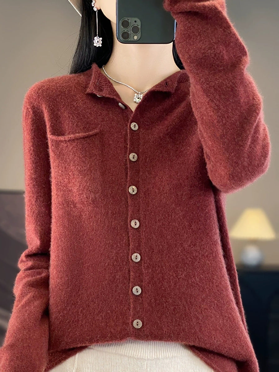 Women Casual Autumn Pure Color Stand Collar Knitted Sweater