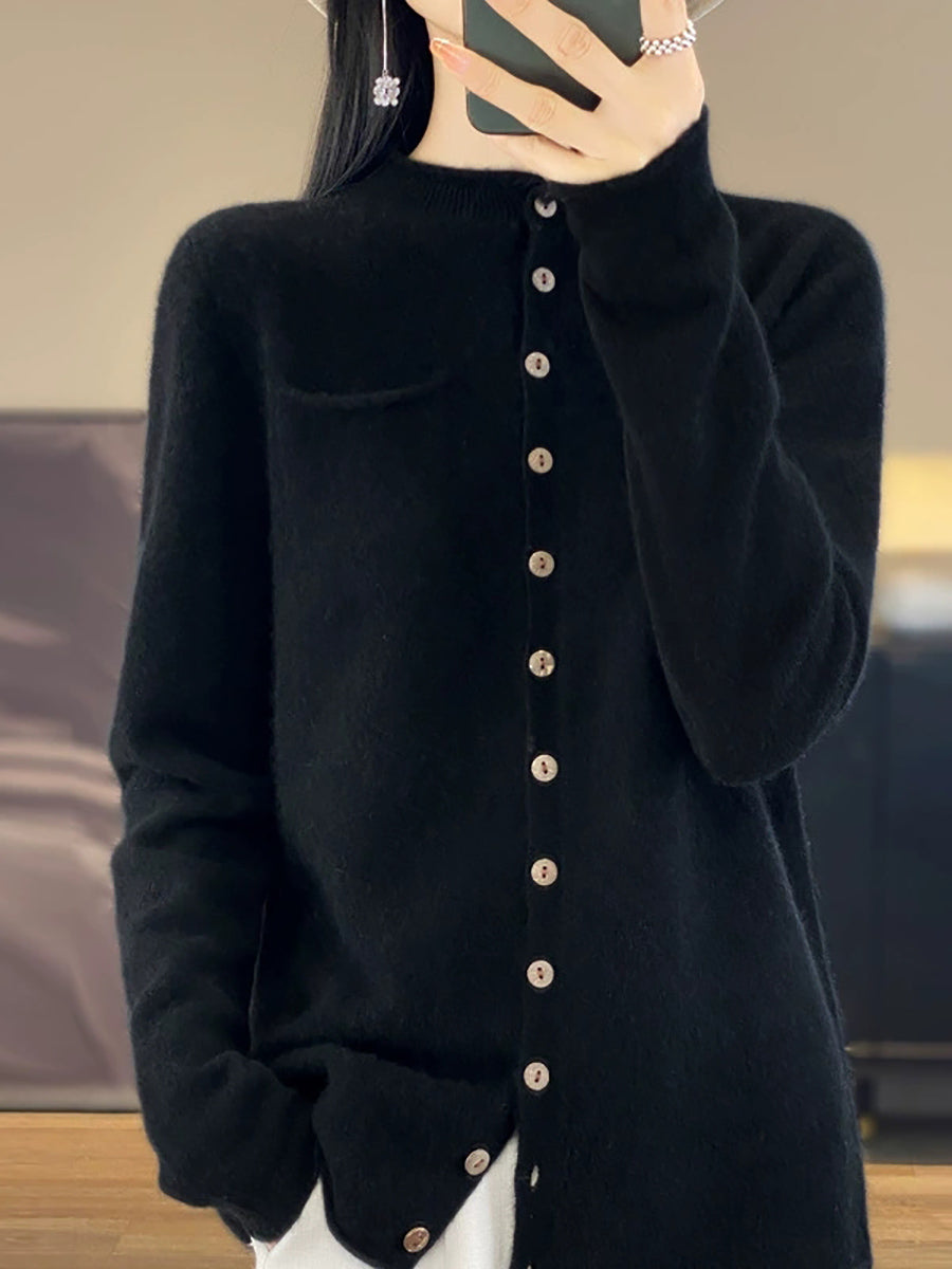 Women Casual Autumn Pure Color Stand Collar Knitted Sweater