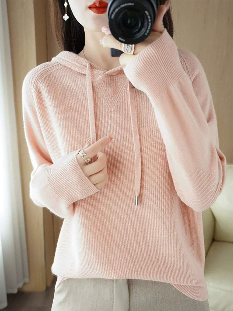 Women Casual Autumn Pure Color Hooded Knitted Sweater