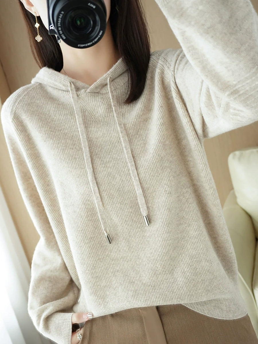 Women Casual Autumn Pure Color Hooded Knitted Sweater